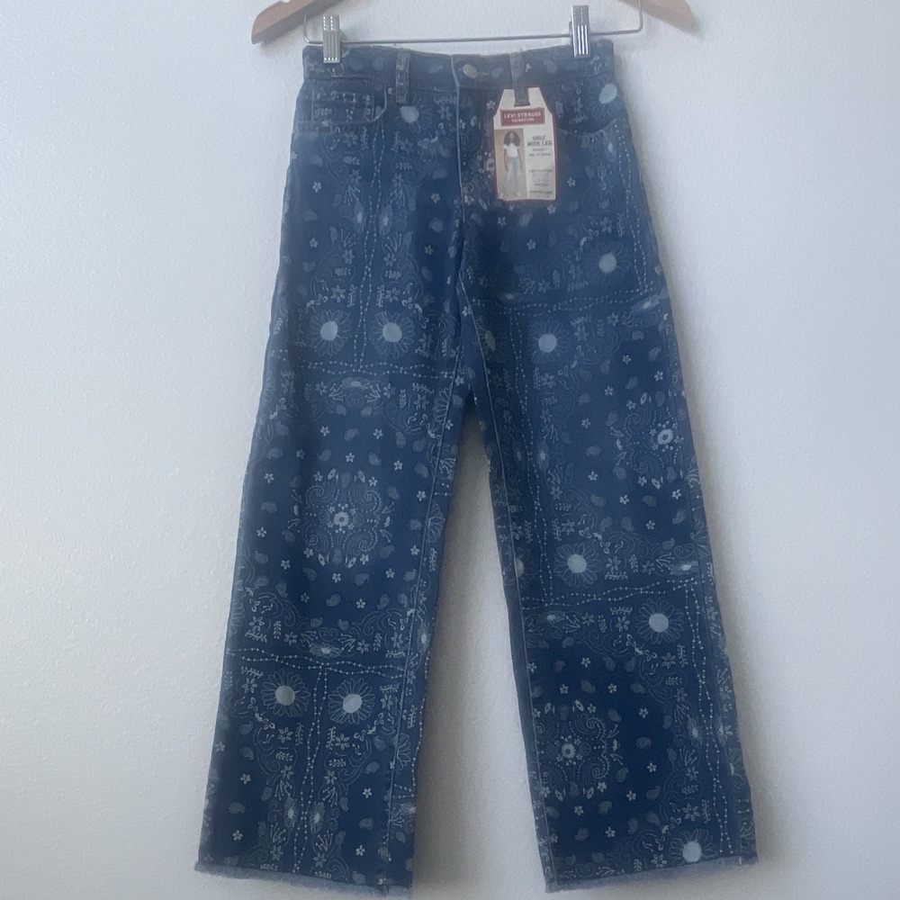 Levi Strauss Signature Girls Wide-Leg Relaxed Floral Dark Wash Jeans 10